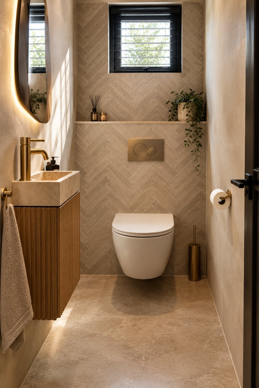 Toilet met visgraattegels, hangtoilet en eikenhouten fontein